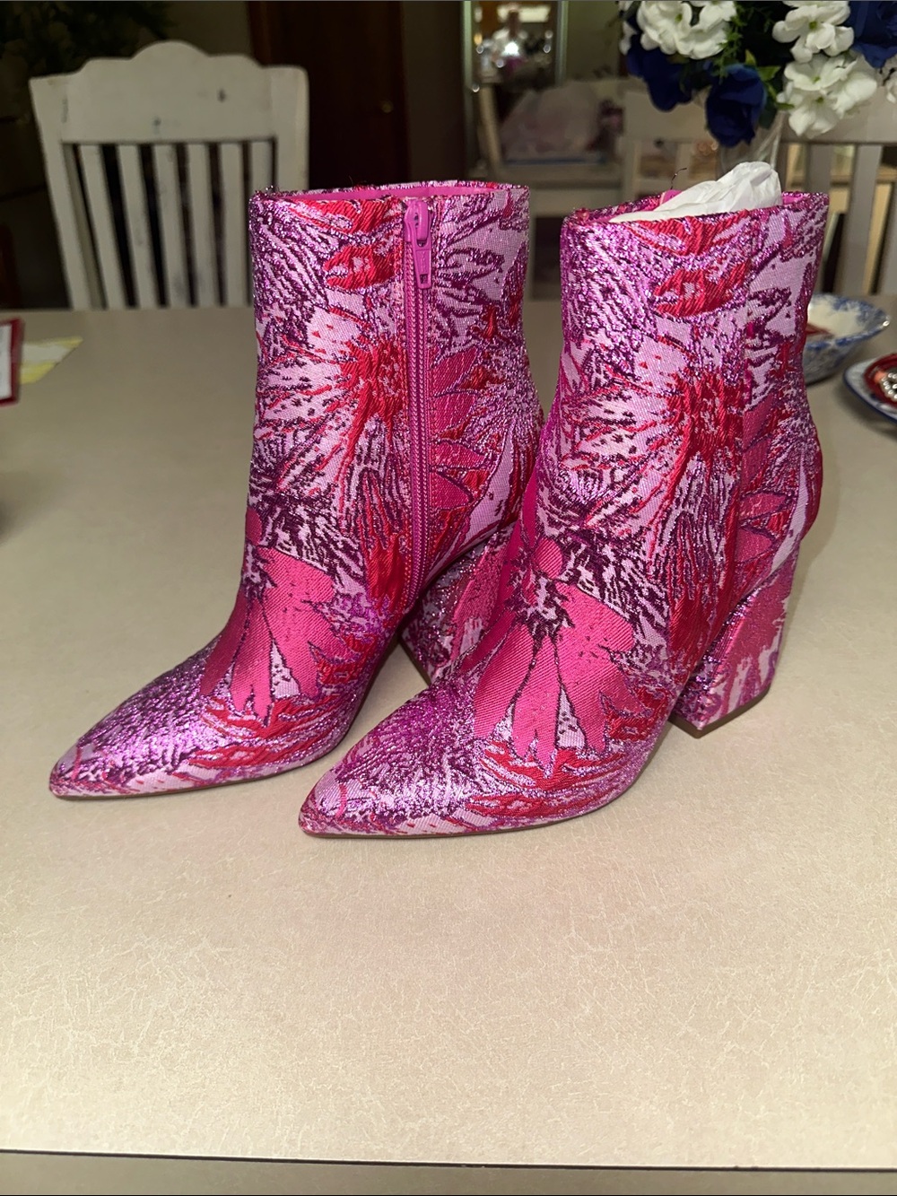 Gianni Bini Pink Metallic Floral Ankle Booties